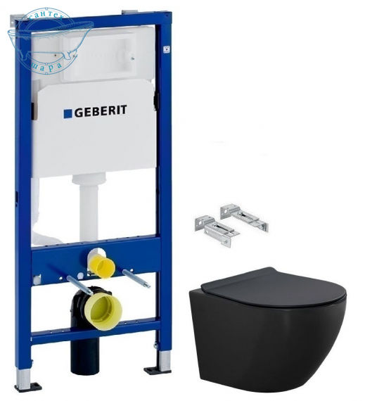 Инсталляция Geberit Duofix 458.103.00.1 2 в 1 + Унитаз подвесной Newarc Modern черный матовый 3823B-M с сиденьем Soft-Close - фото 1